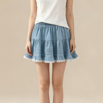 Washed Denim Mini Skirt with Lace Trim - Altfashion Shop
