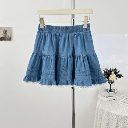 Washed Denim Mini Skirt with Lace Trim - Altfashion Shop