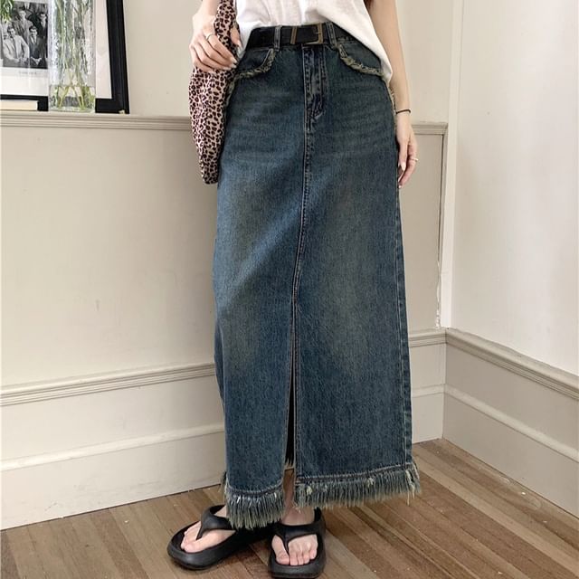 Fringed Denim Maxi Pencil Skirt with Front Slit - Altfashion Shop