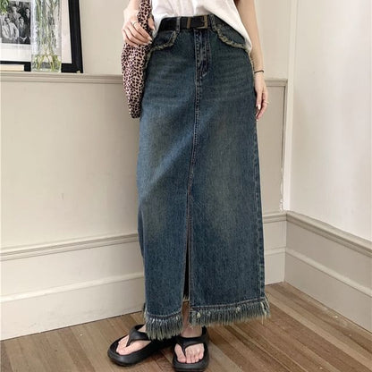 Fringed Denim Maxi Pencil Skirt with Front Slit - Altfashion Shop