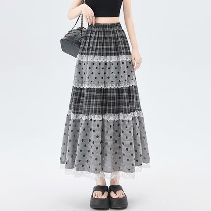 Plaid Panel Maxi A-Line Skirt with Dots - Altfashion Shop