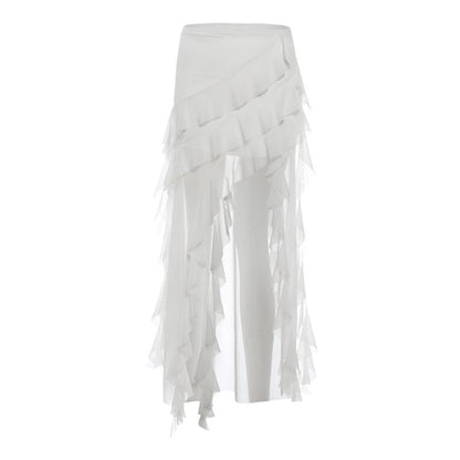 Sheer Ruffle Trim Mini Skirt with Dip Back - Altfashion Shop
