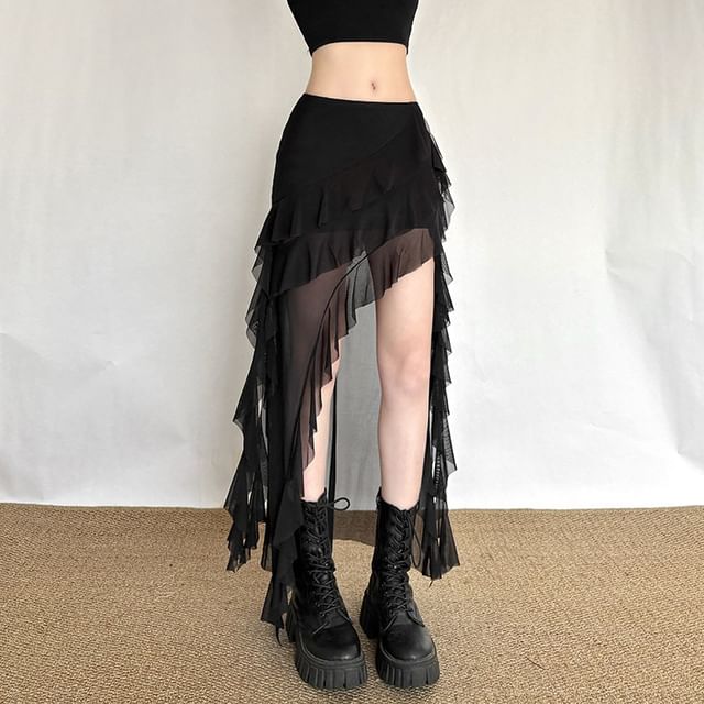 Sheer Ruffle Trim Mini Skirt with Dip Back - Altfashion Shop