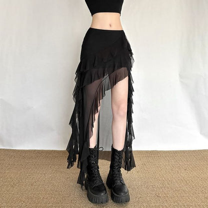 Sheer Ruffle Trim Mini Skirt with Dip Back - Altfashion Shop