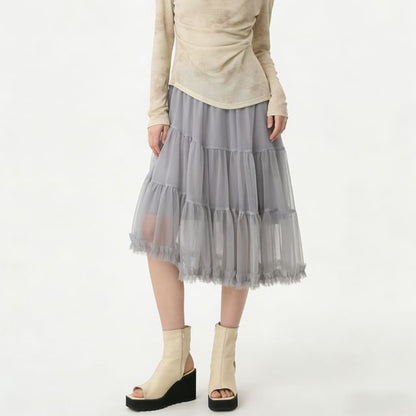 Asymmetric Hem Mesh Midi Skirt - Altfashion Shop