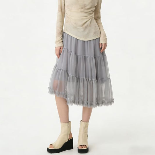 Asymmetric Hem Mesh Midi Skirt - Altfashion Shop