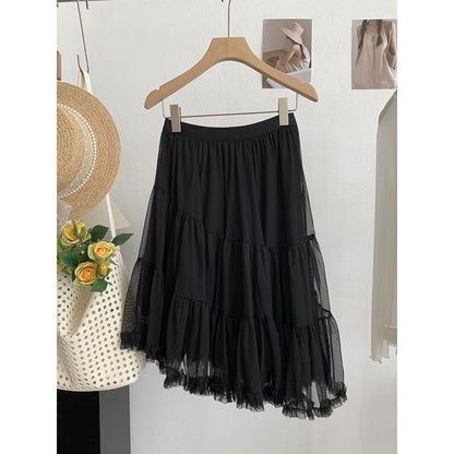 Asymmetric Hem Mesh Midi Skirt - Altfashion Shop
