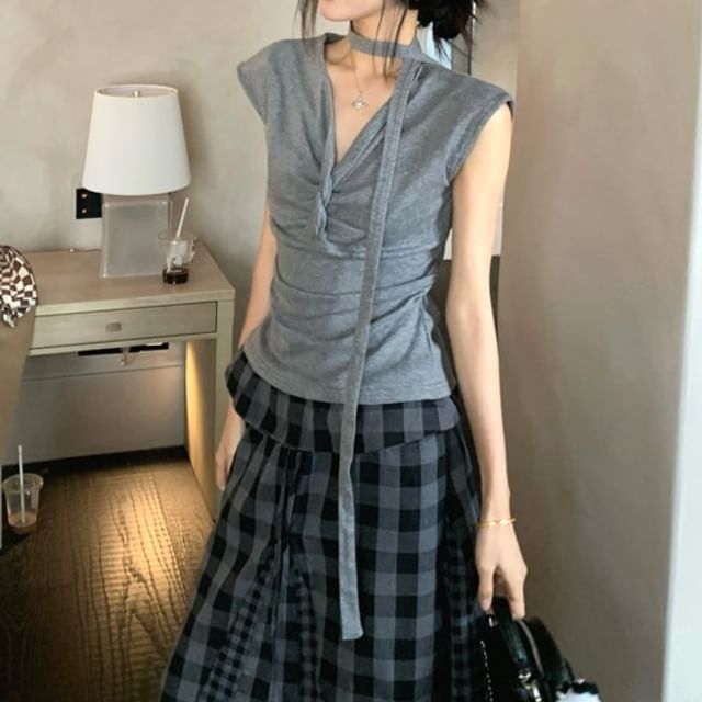 Ruched Top and Gingham Maxi Skirt Set - Altfashion Shop