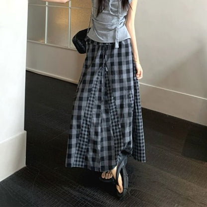 Ruched Top and Gingham Maxi Skirt Set - Altfashion Shop