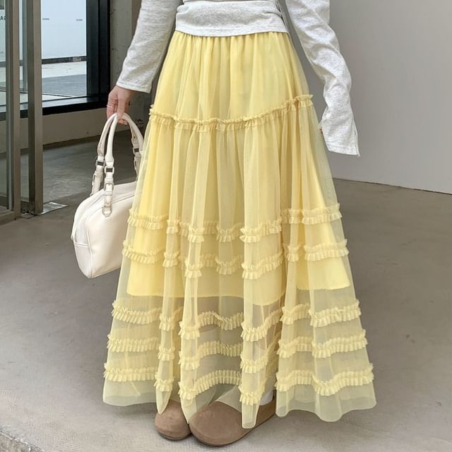 Frill Trim Mesh Maxi Skirt - Altfashion Shop