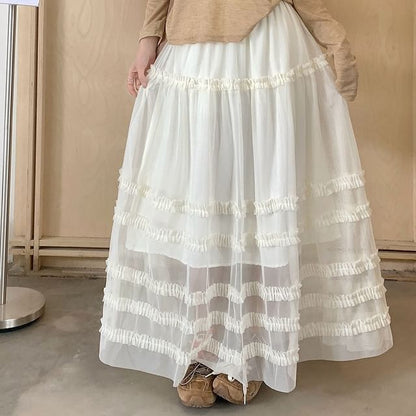 Frill Trim Mesh Maxi Skirt - Altfashion Shop