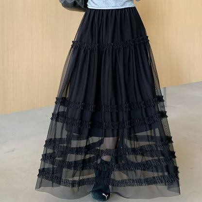 Frill Trim Mesh Maxi Skirt - Altfashion Shop