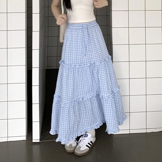 Gingham Frill Trim Maxi Skirt - Altfashion Shop