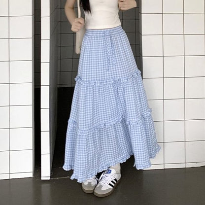 Gingham Frill Trim Maxi Skirt - Altfashion Shop