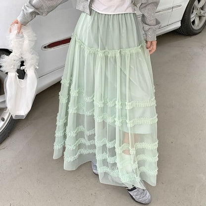 Frill Trim Mesh Maxi Skirt - Altfashion Shop