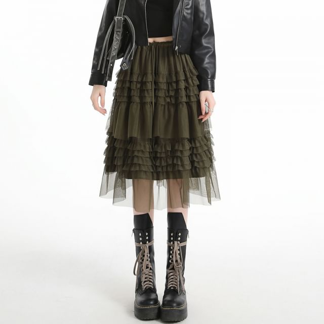Black Drawstring Waist Plain Tiered Ruffle Mesh Midi A-Line Skirt - Altfashion Shop