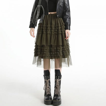 Black Drawstring Waist Plain Tiered Ruffle Mesh Midi A-Line Skirt - Altfashion Shop