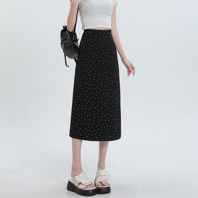 Black High Waist Polka Dot Slit Midi Straight Skirt - Altfashion Shop