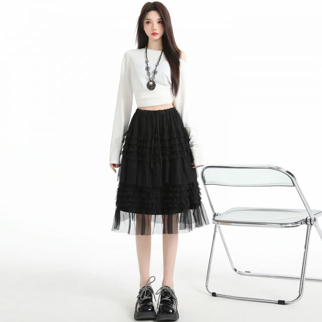 Black Drawstring Waist Plain Tiered Ruffle Mesh Midi A-Line Skirt - Altfashion Shop