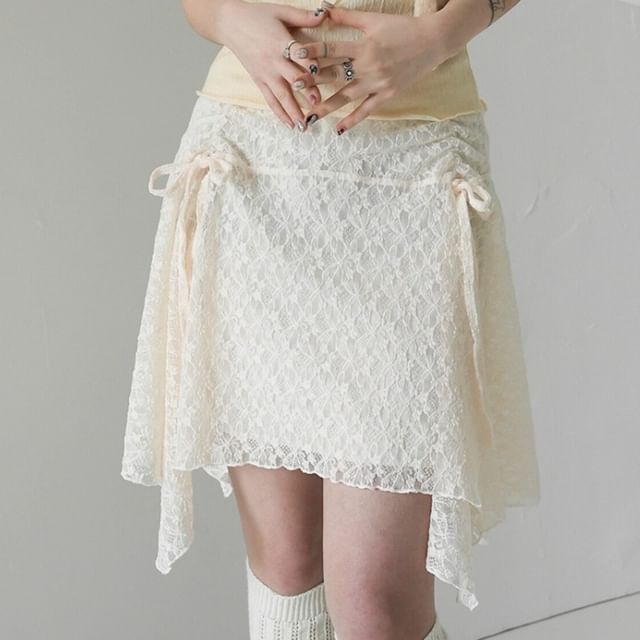 Asymmetrical Drawstring Lace Mini Skirt - Altfashion Shop