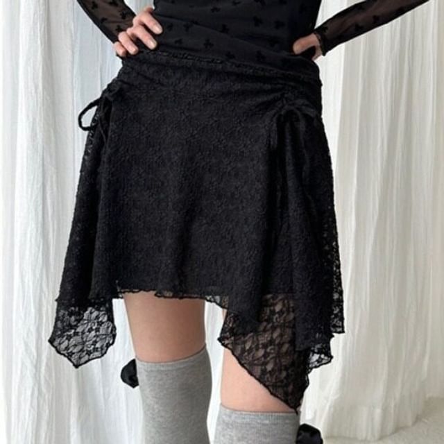 Asymmetrical Drawstring Lace Mini Skirt - Altfashion Shop