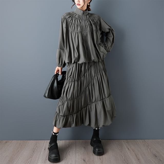 Stand Collar Jacket and Midi Skirt Set - Altfashion Shop