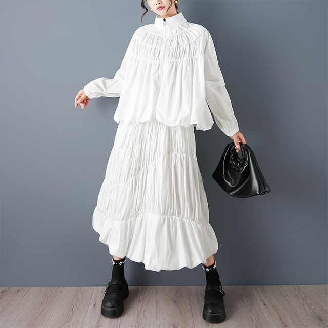Stand Collar Jacket and Midi Skirt Set - Altfashion Shop