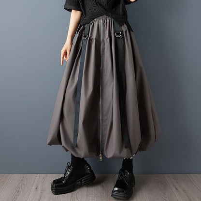 Solid Midi A-Line Skirt with Zip - Altfashion Shop