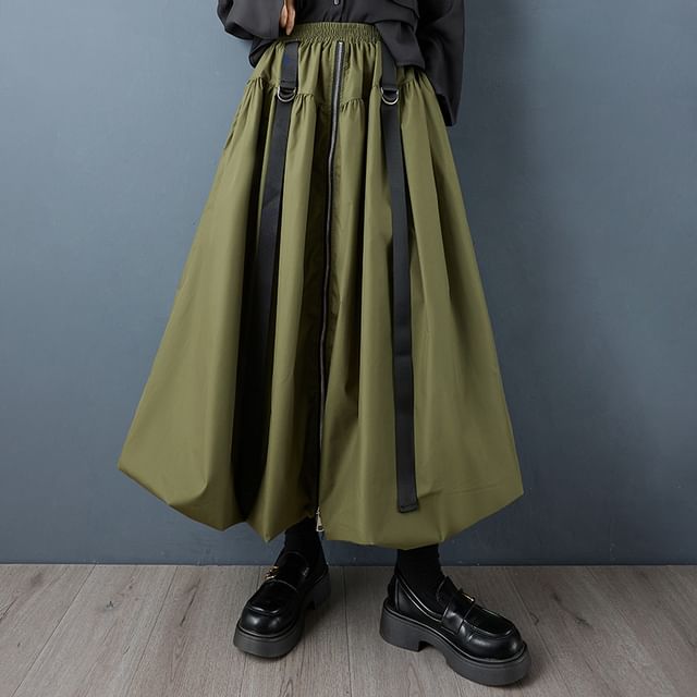 Solid Midi A-Line Skirt with Zip - Altfashion Shop