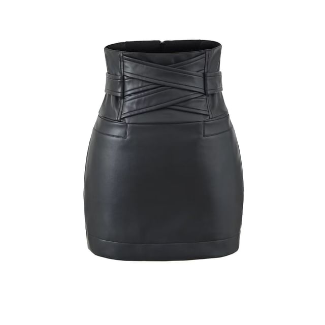Black High Waist Plain Panel Faux Leather Mini Pencil Skirt - Altfashion Shop