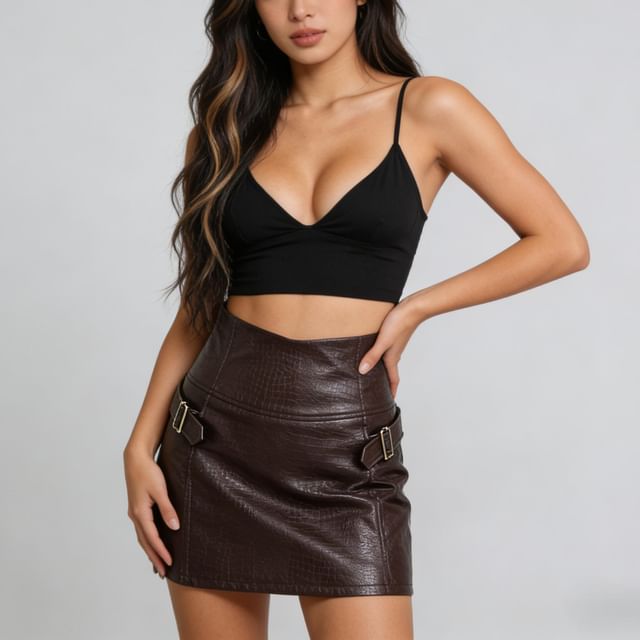 Faux Leather Buckled Mini Skirt - Altfashion Shop