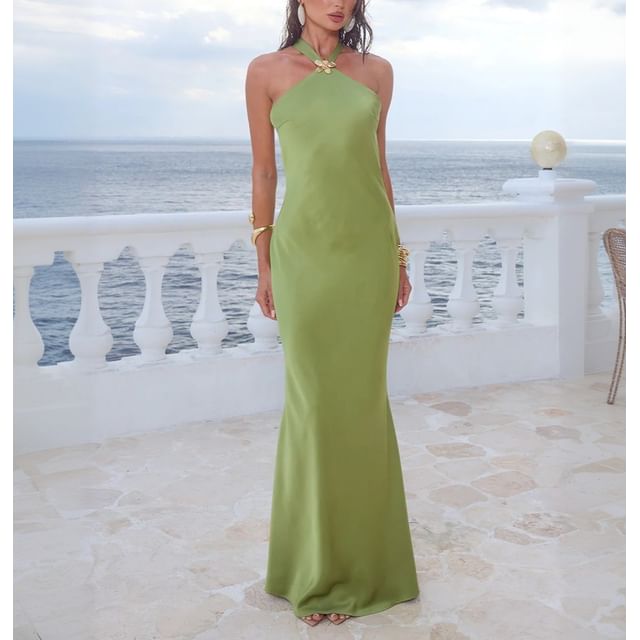 Sleeveless Halter Neck Plain Open-Back Satin Maxi Dress