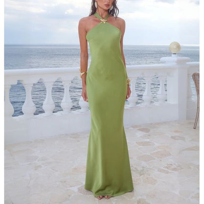 Sleeveless Halter Neck Plain Open-Back Satin Maxi Dress
