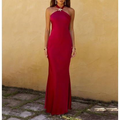 Sleeveless Halter Neck Plain Open-Back Satin Maxi Dress
