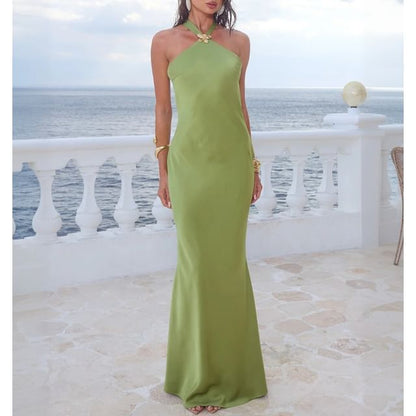 Sleeveless Halter Neck Plain Open-Back Satin Maxi Dress