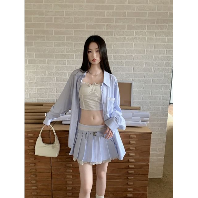 Black Long-Sleeve Plain Shirt with Mini Pleated Skirt and Crop Camisole Top - Altfashion Shop