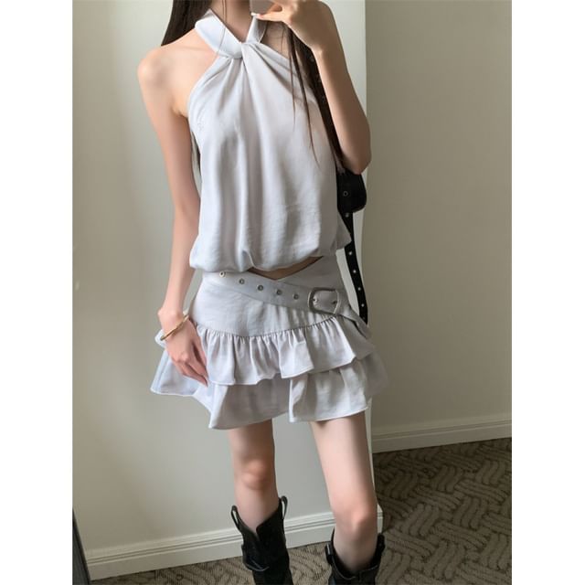 Black Halter Neck Plain Crop Top with Belt Waist Mini Tiered Skirt - Altfashion Shop