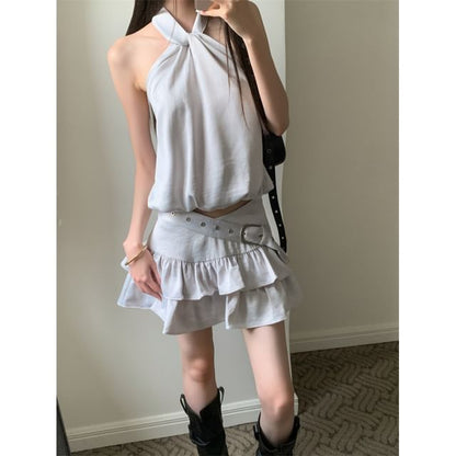 Black Halter Neck Plain Crop Top with Belt Waist Mini Tiered Skirt - Altfashion Shop