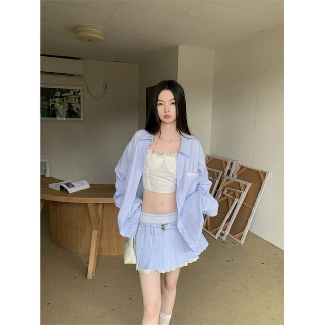 Black Long-Sleeve Plain Shirt with Mini Pleated Skirt and Crop Camisole Top - Altfashion Shop