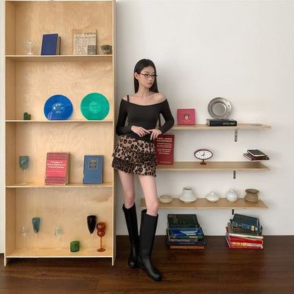 Black Collared Asymmetrical Zip-Up Plain Jacket with High Waist Leopard Print Tiered Mini A-Line Skirt - Altfashion Shop