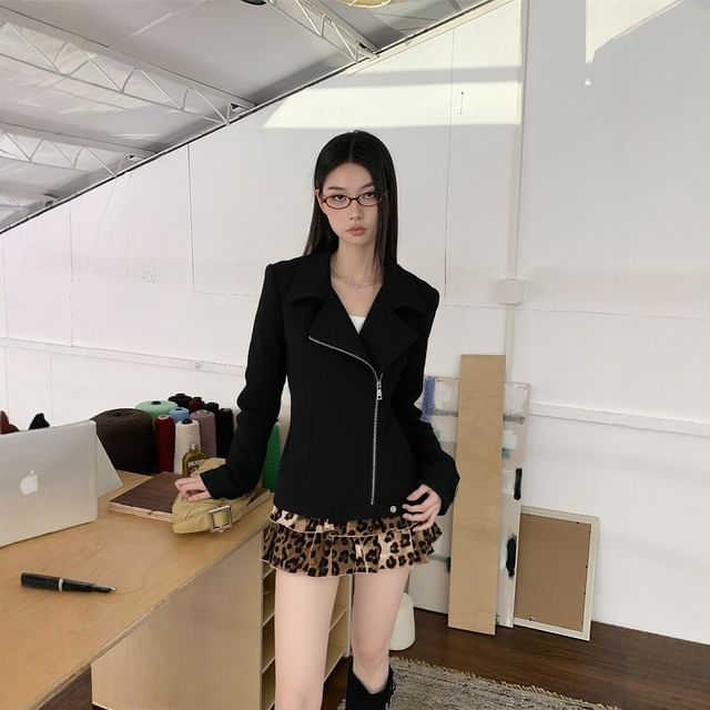Black Collared Asymmetrical Zip-Up Plain Jacket with High Waist Leopard Print Tiered Mini A-Line Skirt - Altfashion Shop