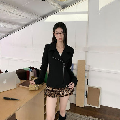 Black Collared Asymmetrical Zip-Up Plain Jacket with High Waist Leopard Print Tiered Mini A-Line Skirt - Altfashion Shop