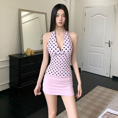 Black Halter V-Neck Polka Dot Open Back Slim Fit Top with High Waist Plain Mini Pencil Skirt - Altfashion Shop