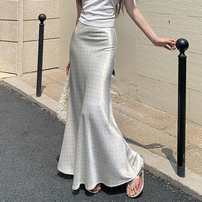 Black High Waist Micro Dotted Satin Maxi Mermaid Skirt - Altfashion Shop