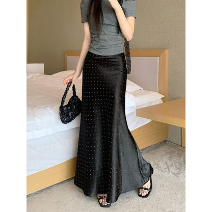 Black High Waist Micro Dotted Satin Maxi Mermaid Skirt - Altfashion Shop