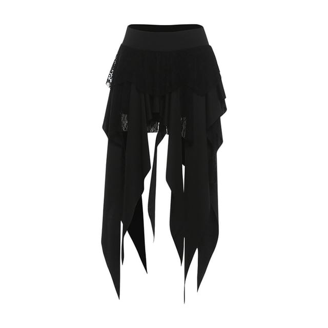 Black Mid Rise Asymmetrical Lace Panel A-Line Skirt - Altfashion Shop