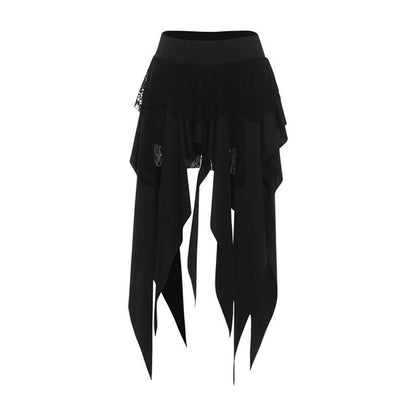 Black Mid Rise Asymmetrical Lace Panel A-Line Skirt - Altfashion Shop