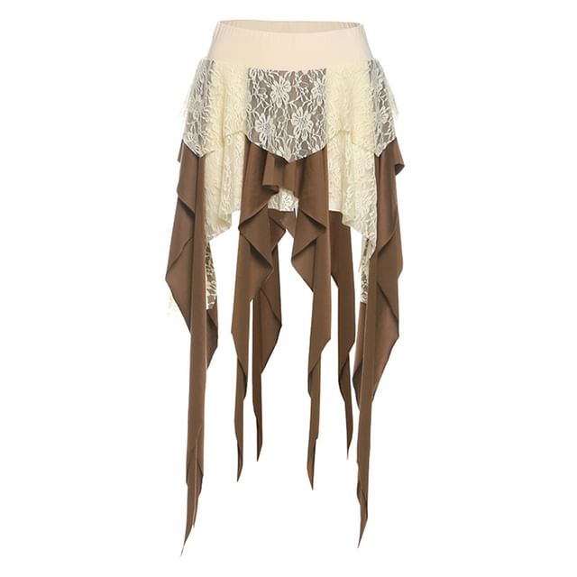 Black Mid Rise Asymmetrical Lace Panel A-Line Skirt - Altfashion Shop