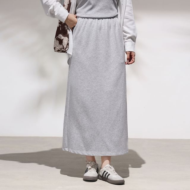 Black Mid Waist Plain Maxi Fitted Skirt - Altfashion Shop