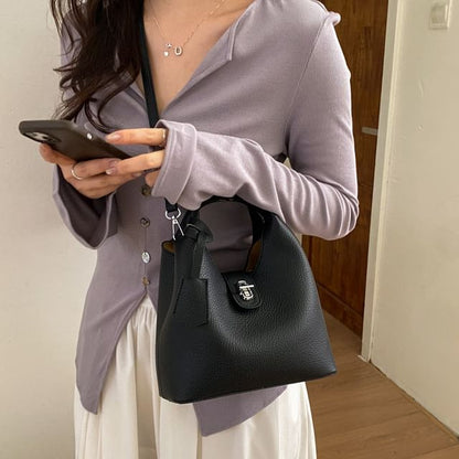 Set: Buckled Faux Leather Bucket Bag + Insert Bag